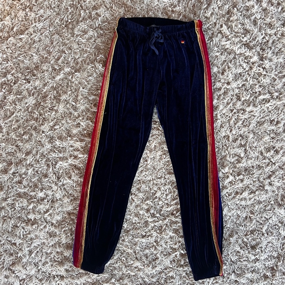 Aviator Nation Classic Velvet Velour Side Stripes Navy Blue Joggers Size XSmall